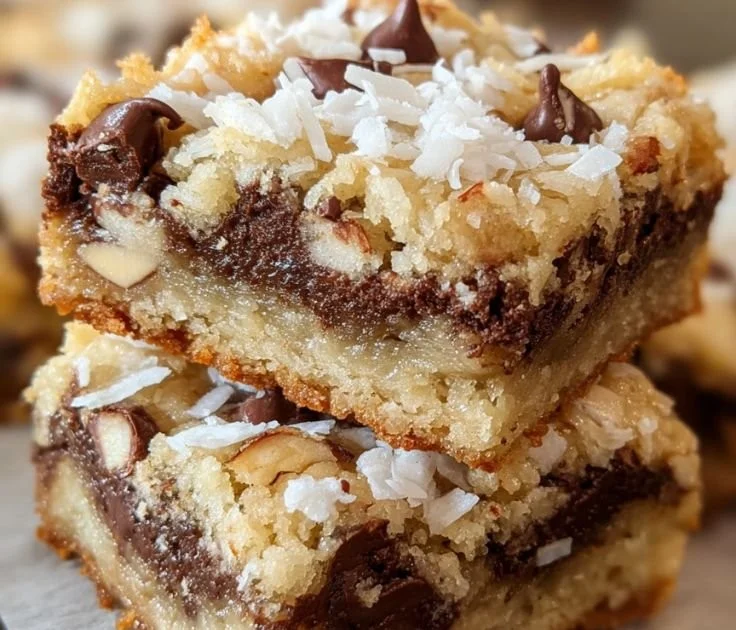 Delicious Almond Joy Cookie Bars with chocolate, almonds, and coconut.