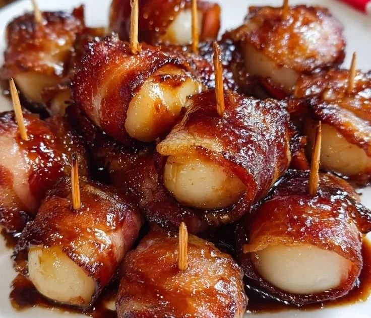 Bacon Wrapped Water Chestnuts appetizer served on a platter