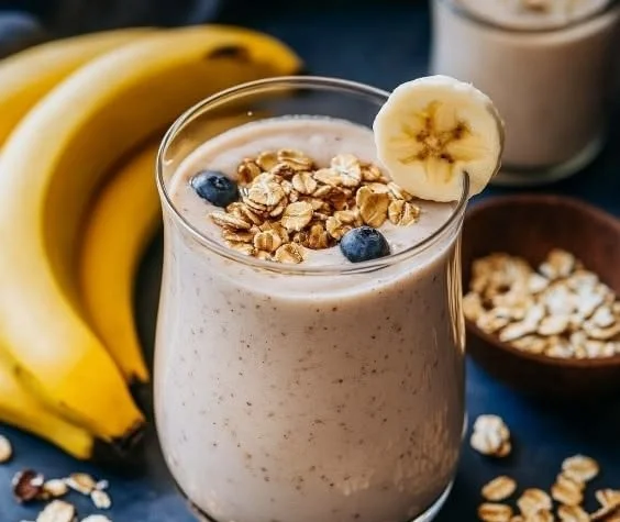 Healthy Banana Oatmeal Smoothie in a glass with fresh bananas and oats.