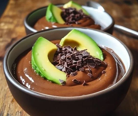 Delicious chocolate avocado pudding topped with berries and nuts