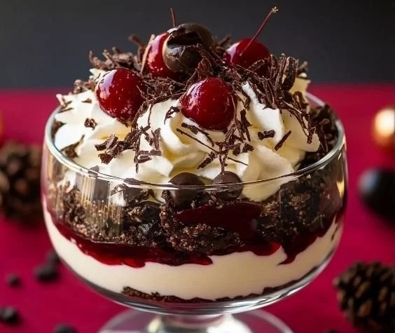 A delicious Black Forest Trifle with layers of chocolate, cherries, and whipped cream.