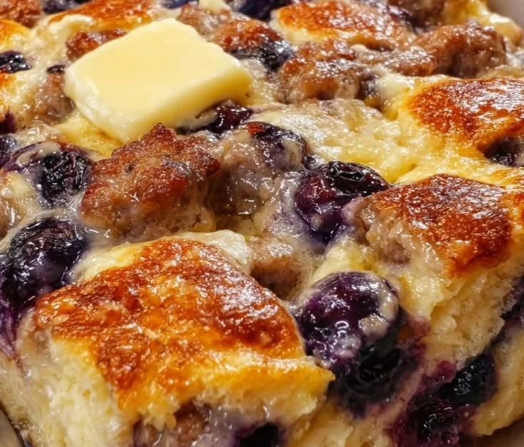 Blueberry Sausage Pancake Casserole with fresh blueberries and sausage slices