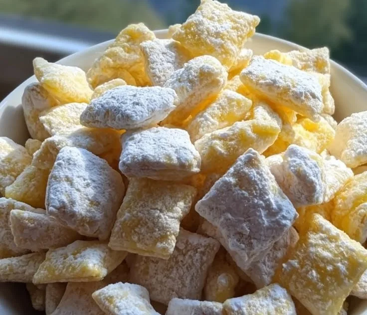Bright and zesty lemonade puppy chow snack recipe with a citrus twist.