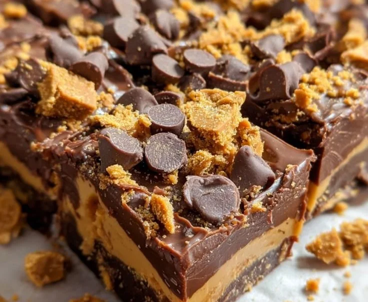 Delicious Butterfinger chocolate fudge squares topped with crushed Butterfinger candy