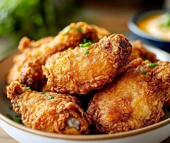 Golden buttermilk fried chicken served on a plate with sides