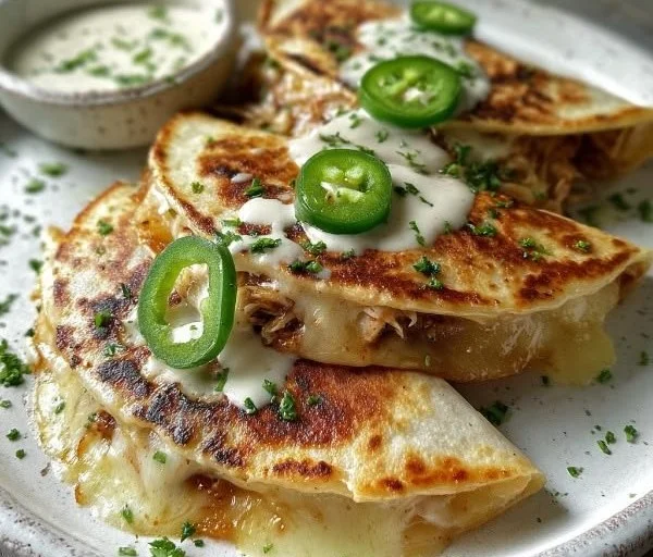 Cheesy hot honey chicken quesadillas with spicy jalapeño cream sauce on a plate