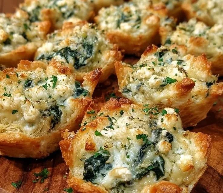 Cheesy spinach artichoke dip bites served on a platter for appetizers