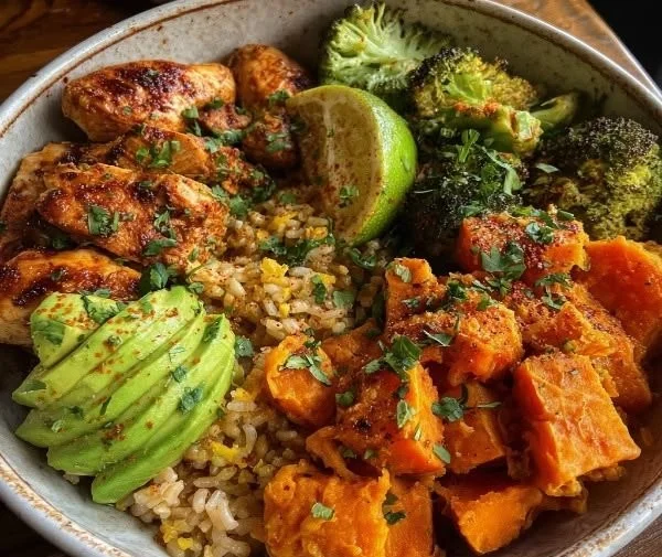 Delicious Chicken and Sweet Potato Rice Bowl with vibrant colors and nutritious ingredients.