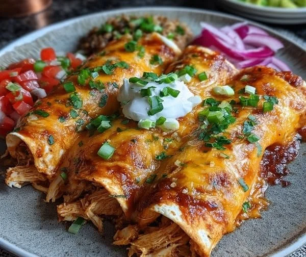 Delicious Chicken Enchiladas topped with cheese and cilantro on a plate