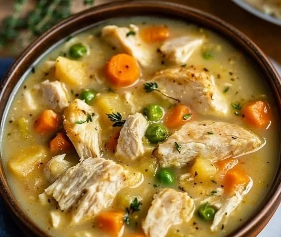 Delicious bowl of Chicken Pot Pie Soup garnished with herbs