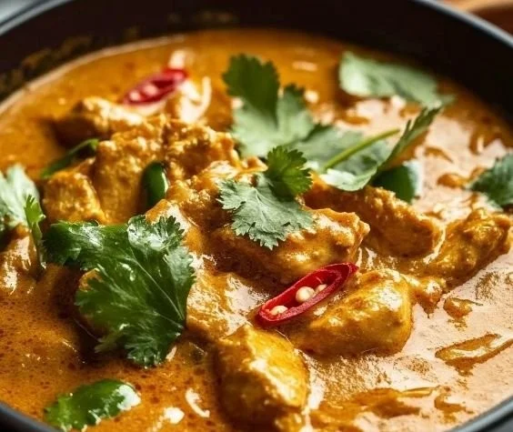 Delicious Chicken Satay Curry served with rice and garnished with fresh herbs