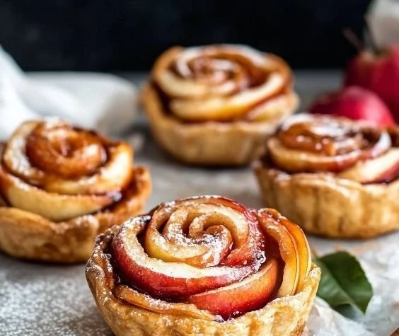 Delicious Cinnamon Apple Roses dessert arranged beautifully on a plate.