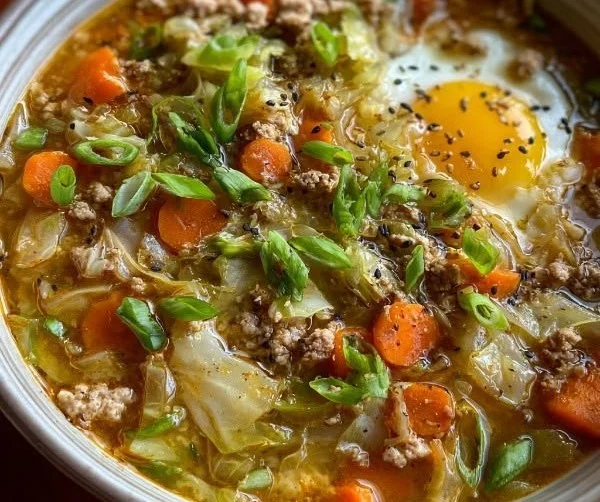 Cozy one-pot egg roll soup filled with vegetables and savory broth.