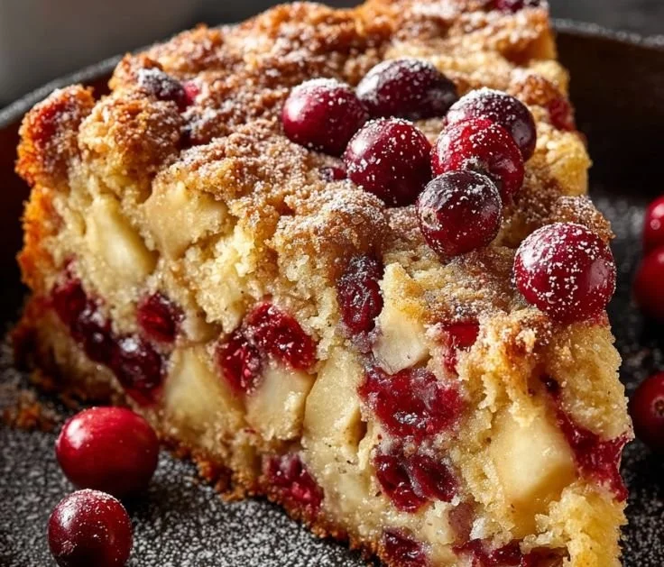 Delicious cranberry apple skillet cake topped with fresh cranberries and apples.