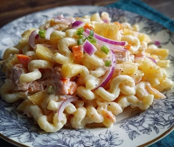 Creamy tangy Hawaiian Mac Salad served in a bowl