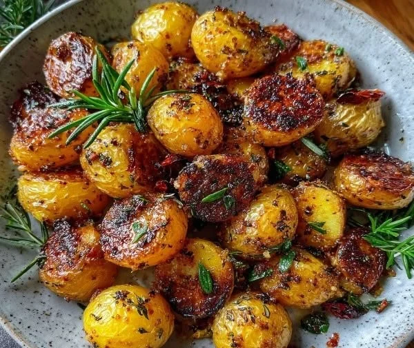 Crispy roasted mustard potatoes on a plate, golden and flavorful.