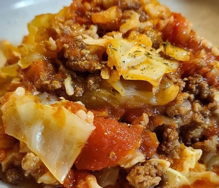 Crockpot Cabbage Roll Casserole topped with fresh herbs in a slow cooker