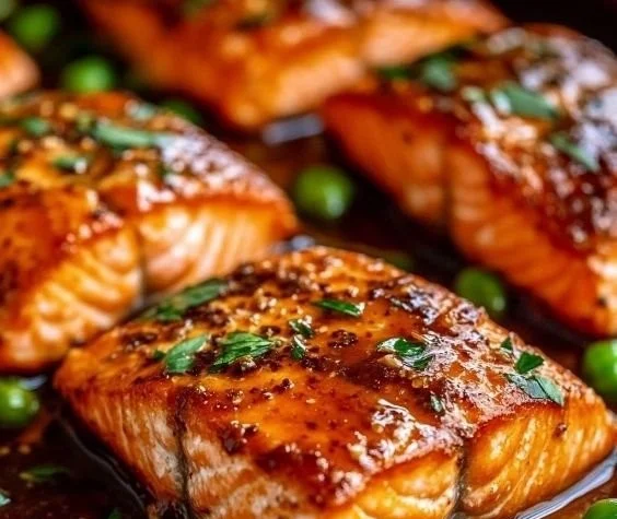 Flaky brown sugar baked salmon garnished with herbs on a plate