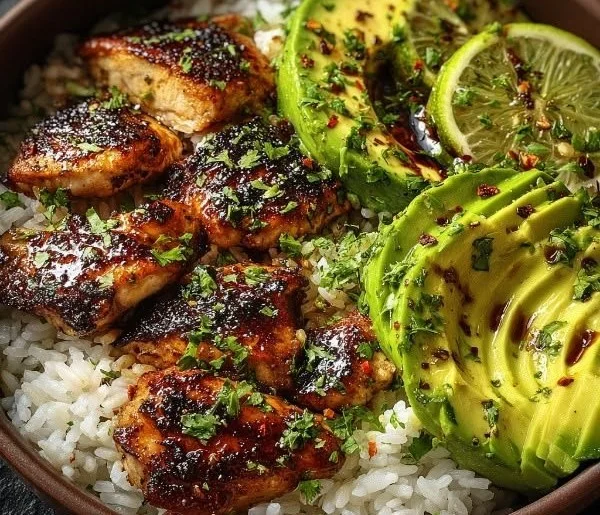 Fresh honey lime chicken served with avocado rice bowl