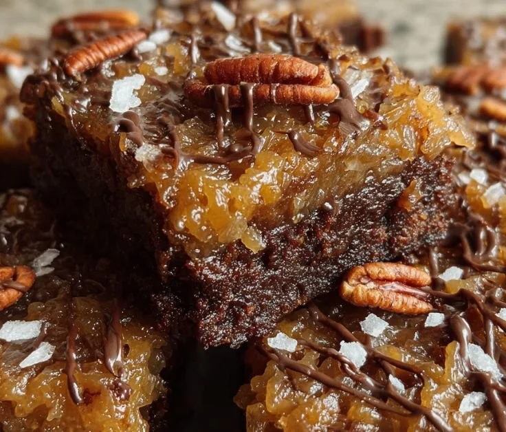 Delicious German chocolate pecan brownies served in a baking dish