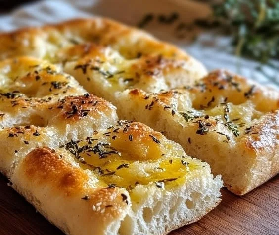 Freshly baked gluten-free focaccia bread topped with herbs