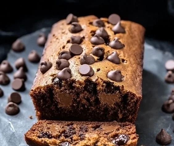 Delicious healthier chocolate chip banana bread slice with chocolate chips
