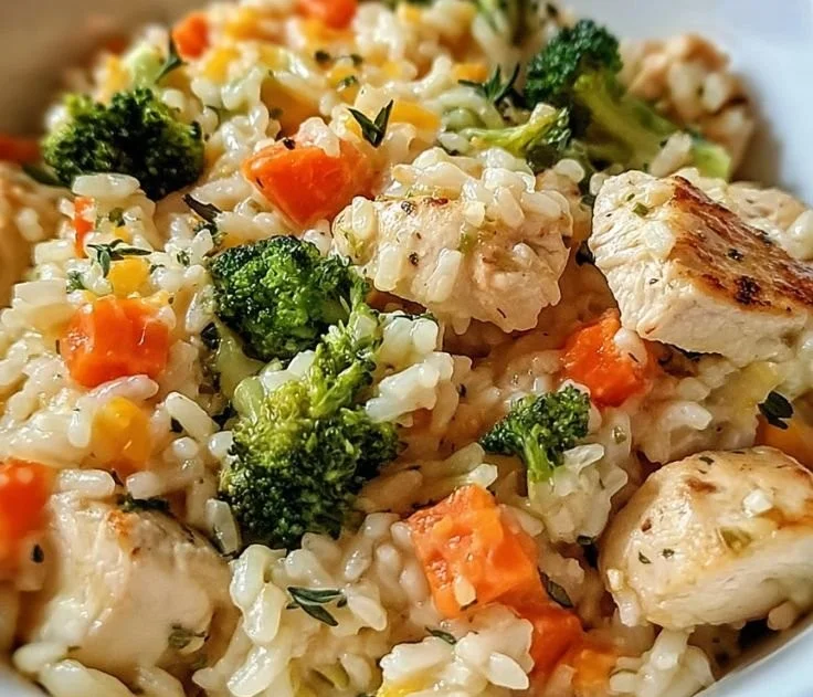 Healthy chicken and rice casserole served in a bowl with fresh vegetables
