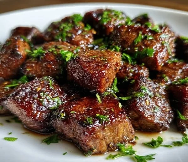 Healthy garlic balsamic steak bites served on a platter.