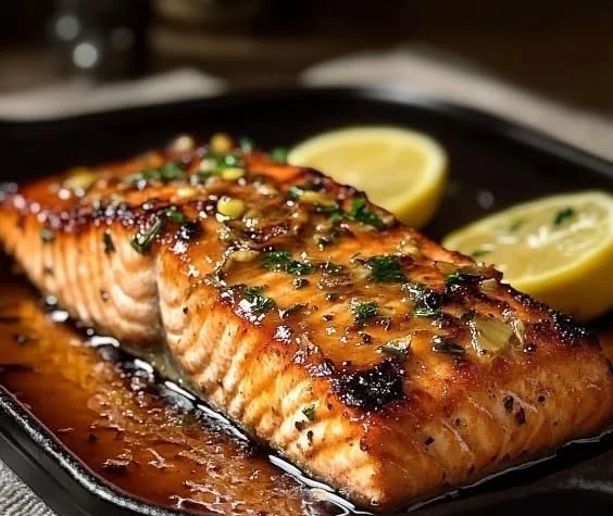 Honey garlic grilled salmon on a plate with herbs and lemon slices.
