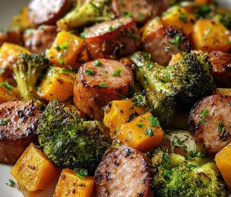 Sheet pan meal with honey garlic sausage and roasted vegetables.