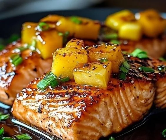 Delicious honey pineapple salmon garnished with fresh herbs