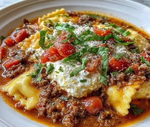 Delicious lasagna soup topped with ricotta cheese in a bowl