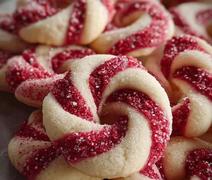 Plate of freshly baked magic candy cane cookies decorated with red and white swirls.