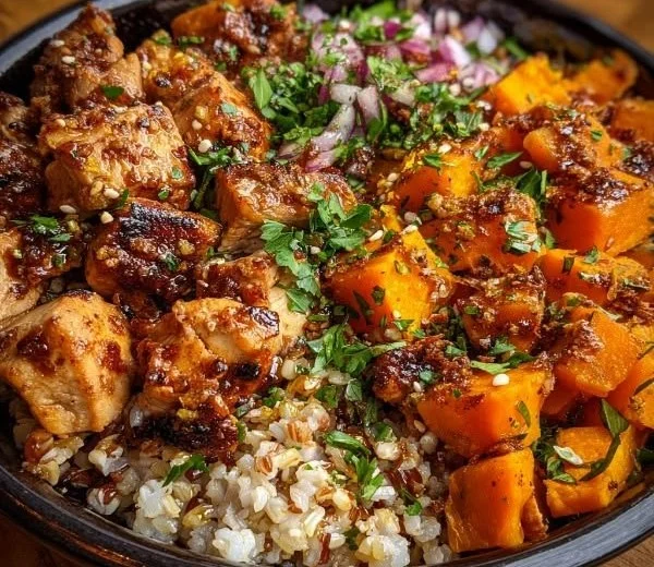 Maple Dijon Chicken served in a bowl with roasted sweet potatoes and greens.
