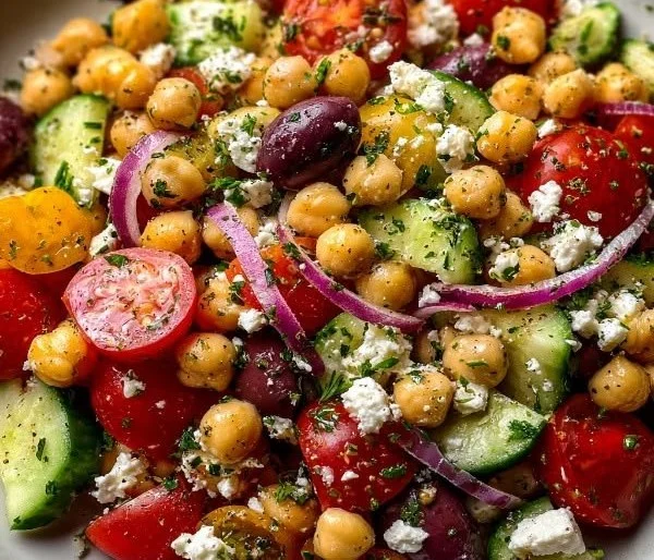 Mediterranean chickpea feta salad with fresh vegetables and herbs