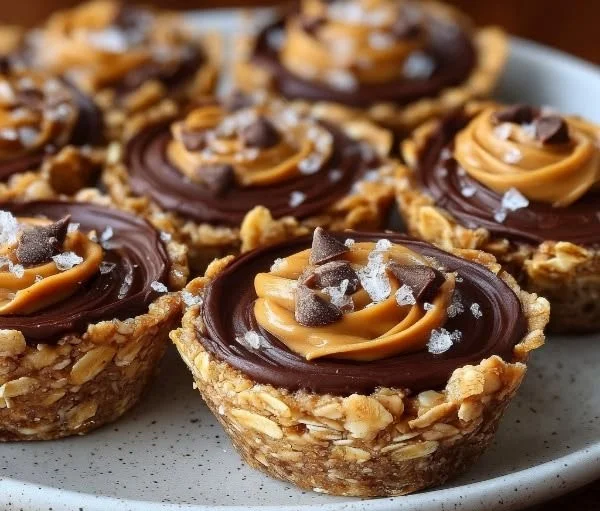 No bake peanut butter oat cups filled with oats and creamy peanut butter