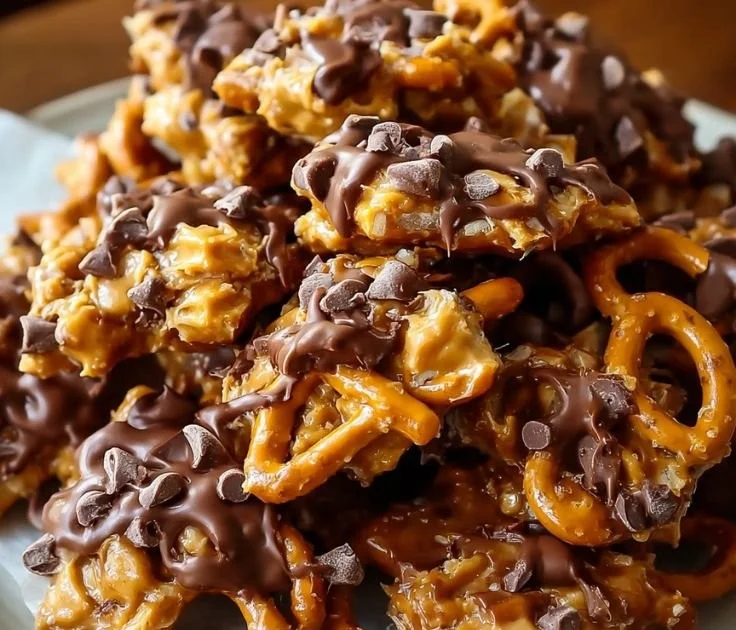 No-bake peanut butter pretzel clusters with chocolate and sprinkles