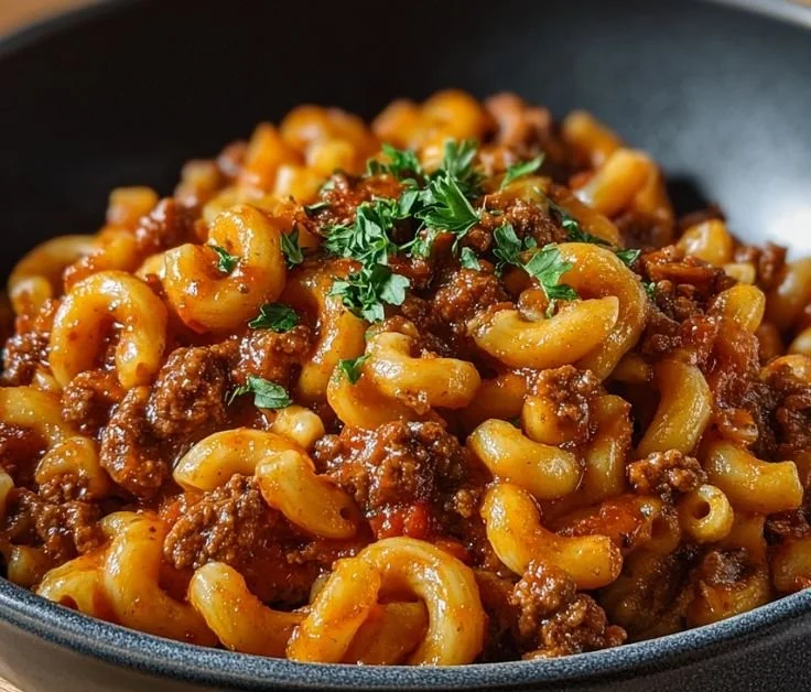 Delicious bowl of One Pot Beefaroni with cheese and pasta.