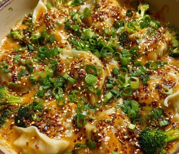 Oven-baked dumplings served with creamy peanut sauce on a plate