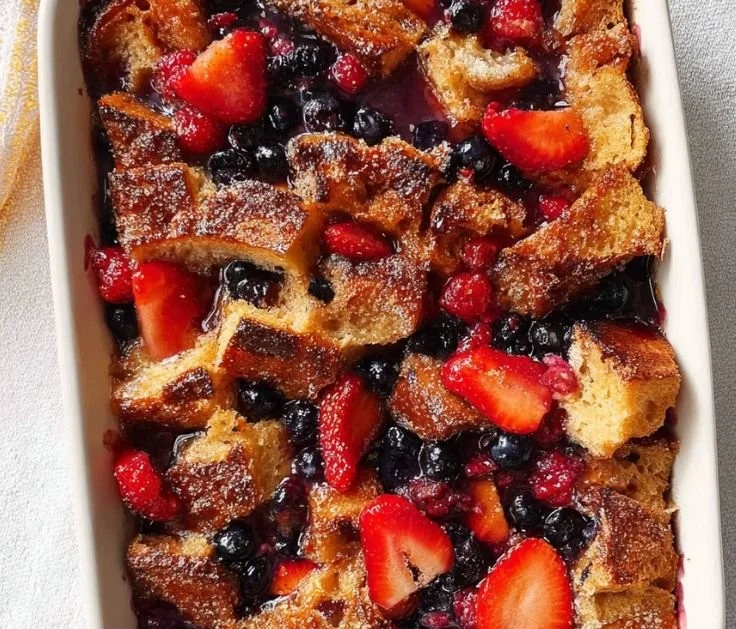 Deliciously fluffy overnight French toast topped with syrup and berries
