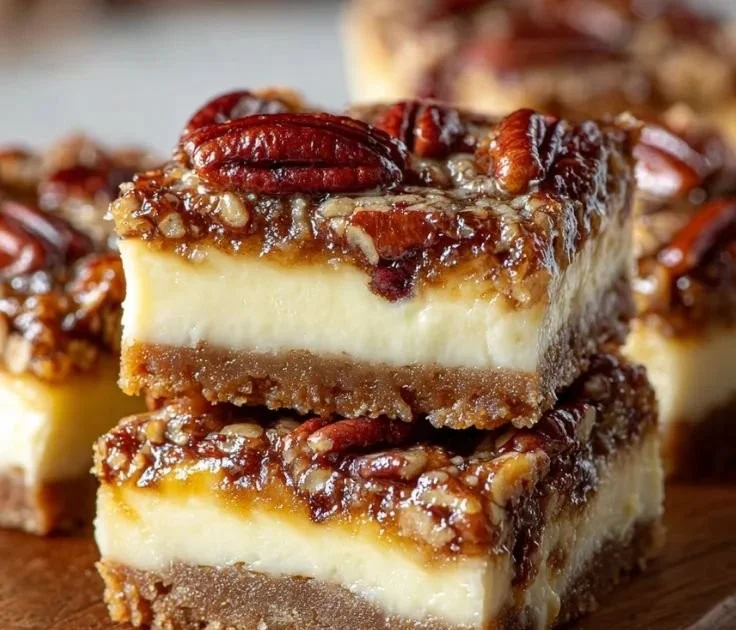 Delicious pecan pie cheesecake bars with caramel drizzle and pecan topping
