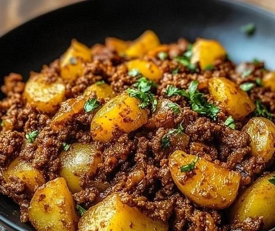 Plate of flavorful potato mince served with vegetables