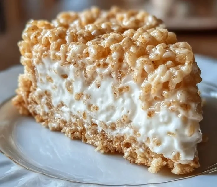 Rice Krispy Treat No-Bake Cheesecake dessert served on a plate