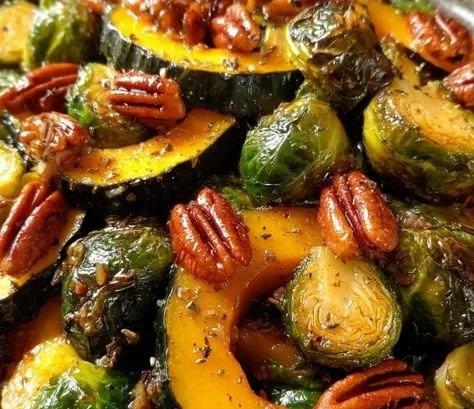 Roasted acorn squash and Brussels sprouts served on a plate