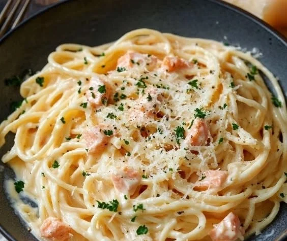 Delicious plate of smoked salmon carbonara pasta garnished with herbs