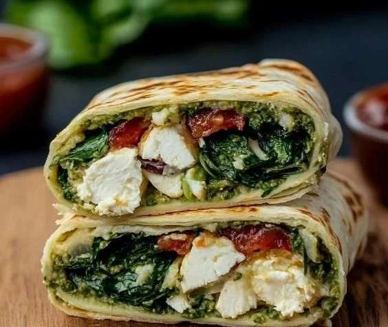 Homemade Starbucks Spinach Feta Wrap on a plate with fresh ingredients