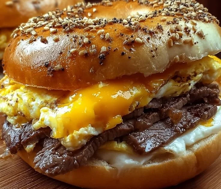 Delicious Steak Egg Cheese Bagel stacked with juicy steak, eggs, and cheese.