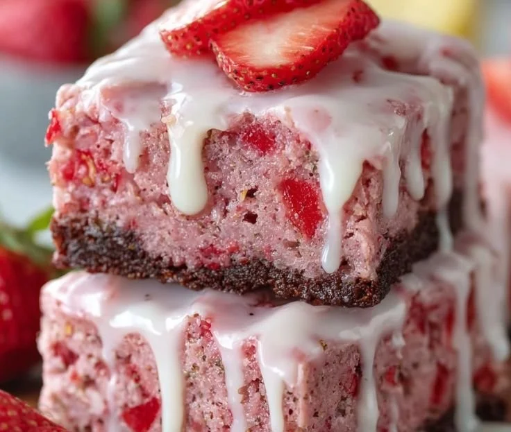 Delicious strawberry brownies with a refreshing lemon glaze on top