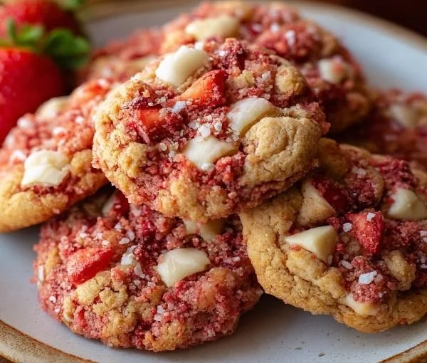 Freshly baked strawberry crunch cookies with a bright pink strawberry topping.