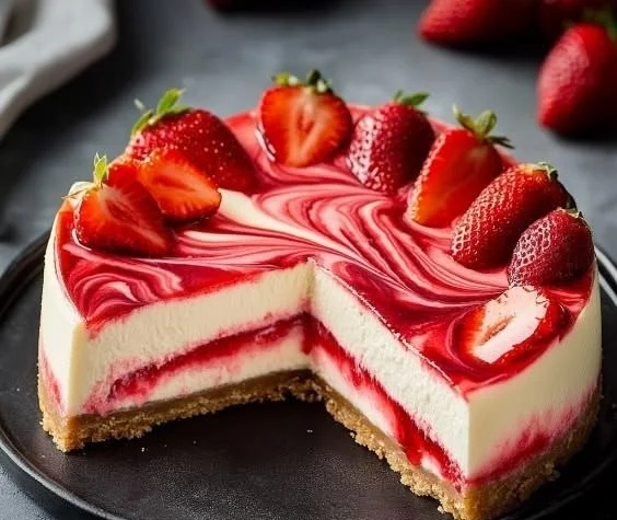 Slice of Strawberry Swirl Cheesecake with fresh strawberries on top